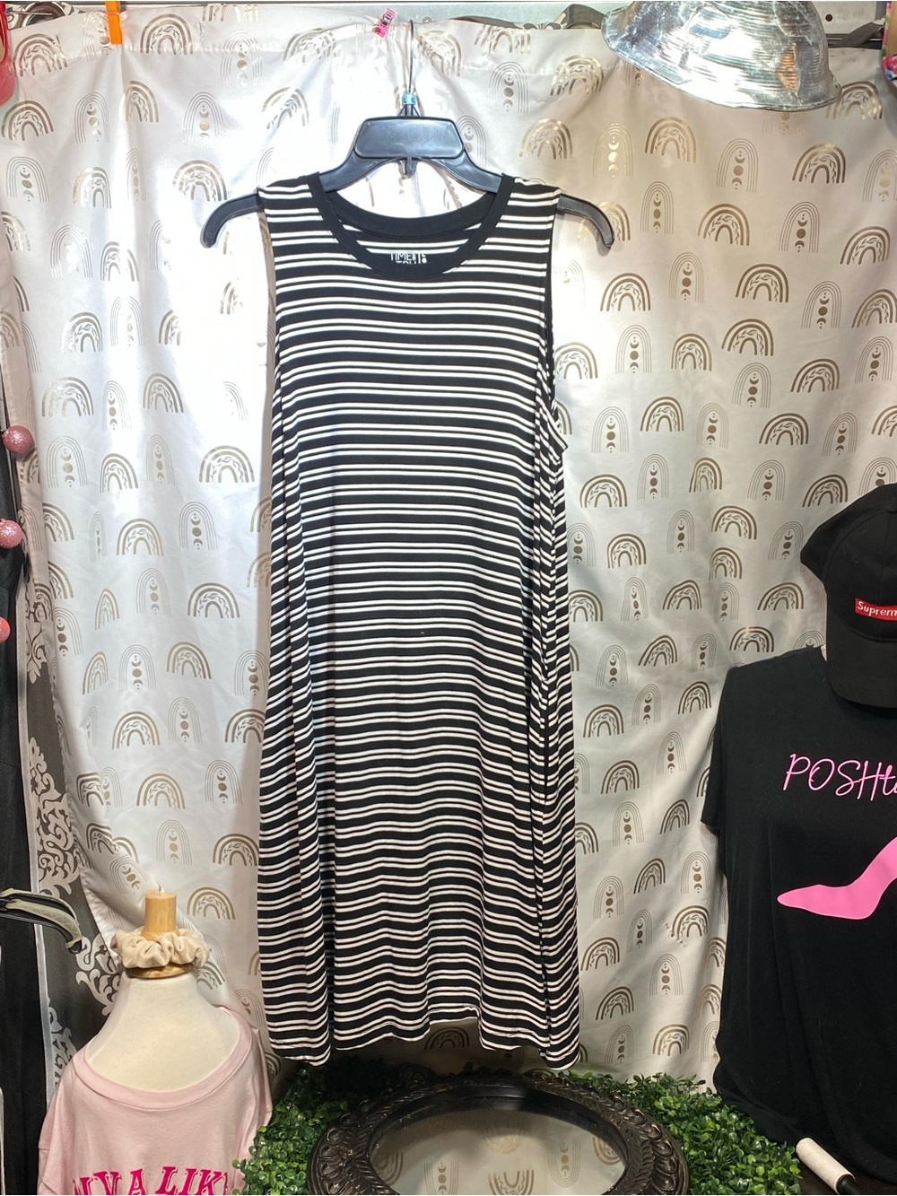 Time and Tru Black and White Striped Sleeveless Midi Dress
